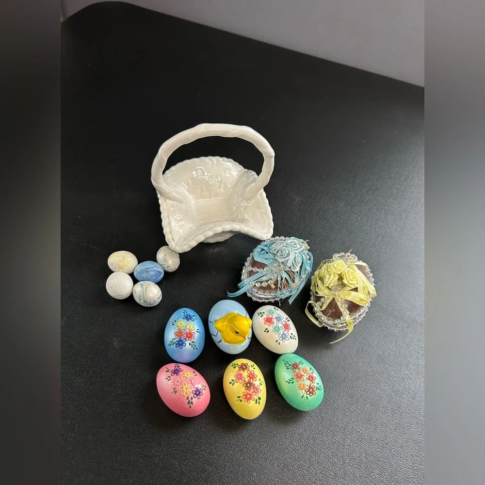 Vintage 14 Piece Easter Ceramic Basket &‎ Eggs Colorful Chick Home Decor